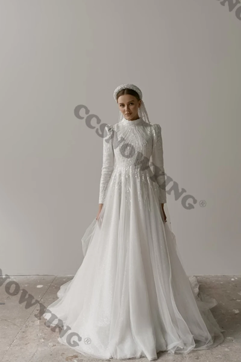 Vestido De novia musulmán con apliques De tul De lujo, vestido De novia árabe De manga larga, cuello alto, Hijab