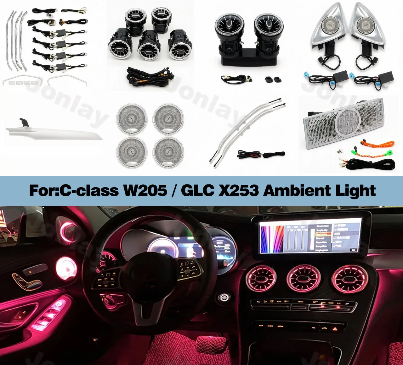 

Декоративная светодиодная подсветка Jonlay Ambient Light 3/64 цвета для Mercedes-Benz C-класса W205 и GLC X253, комплект для модернизации интерьера, подсветка воздуховодов и динамиков.