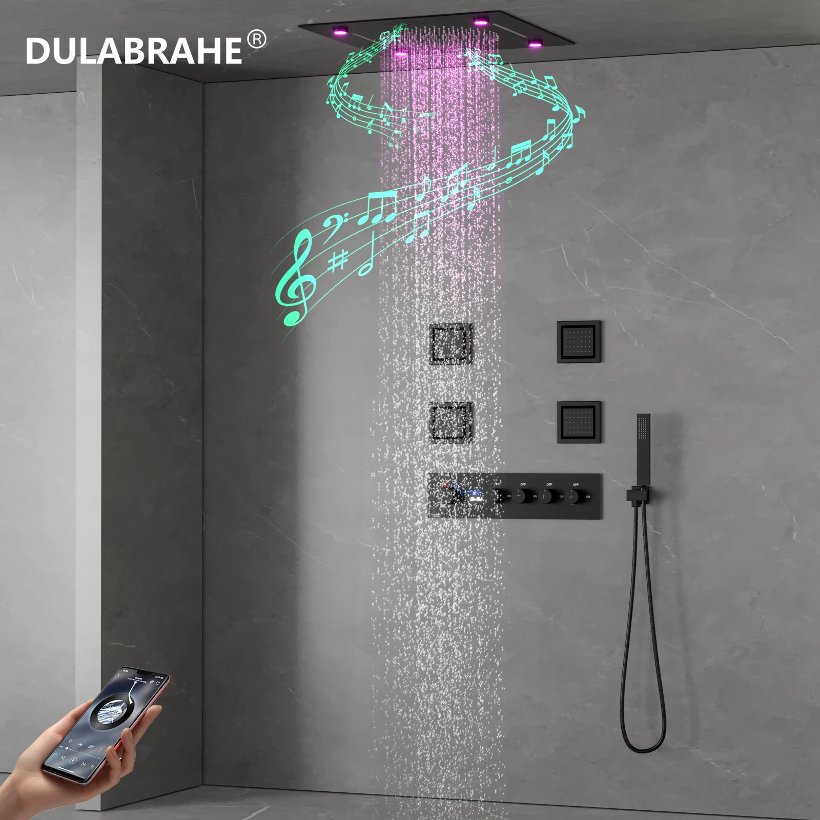 Music LED Shower Ceiling Recessed Shower Water Column Waterfall Shower Head Temperature Display Shower Set System