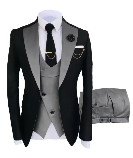 Solid 3 Piece Men Suits for Wedding Party Business Formal Groom Tuxedos Two Buttons （Blazer+Vest+Pants）Slim Fit Costume Homme