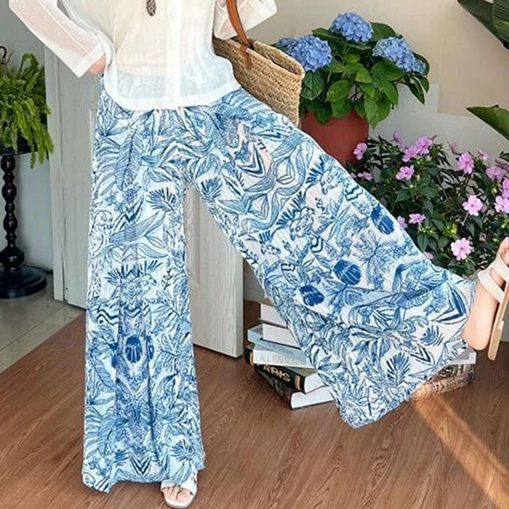 Pantalones con estampado de porcelana blanca y azul, pantalones de pierna ancha holgados informales plisados, pantalones de tubo nuevos de estilo nacional de cintura alta para verano