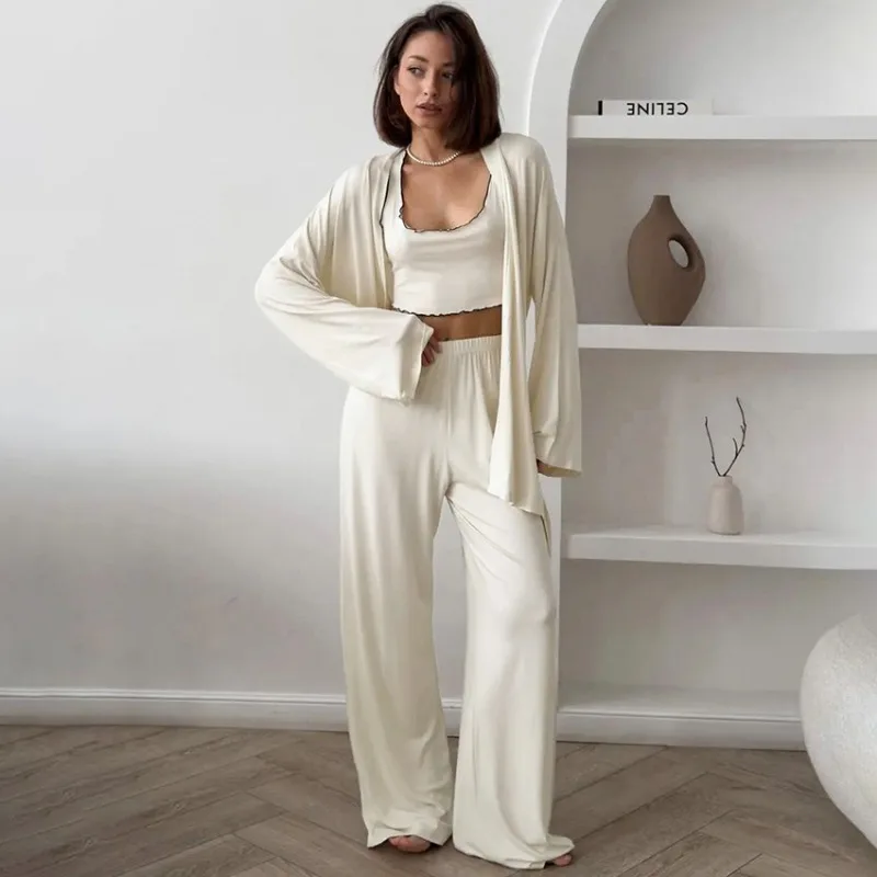 2025 Women's Soft Skin Friendly 3 Piece Knitted Pajama Set Milk Silk Lace Trim European American Style Autumn Winter Cozy L Size