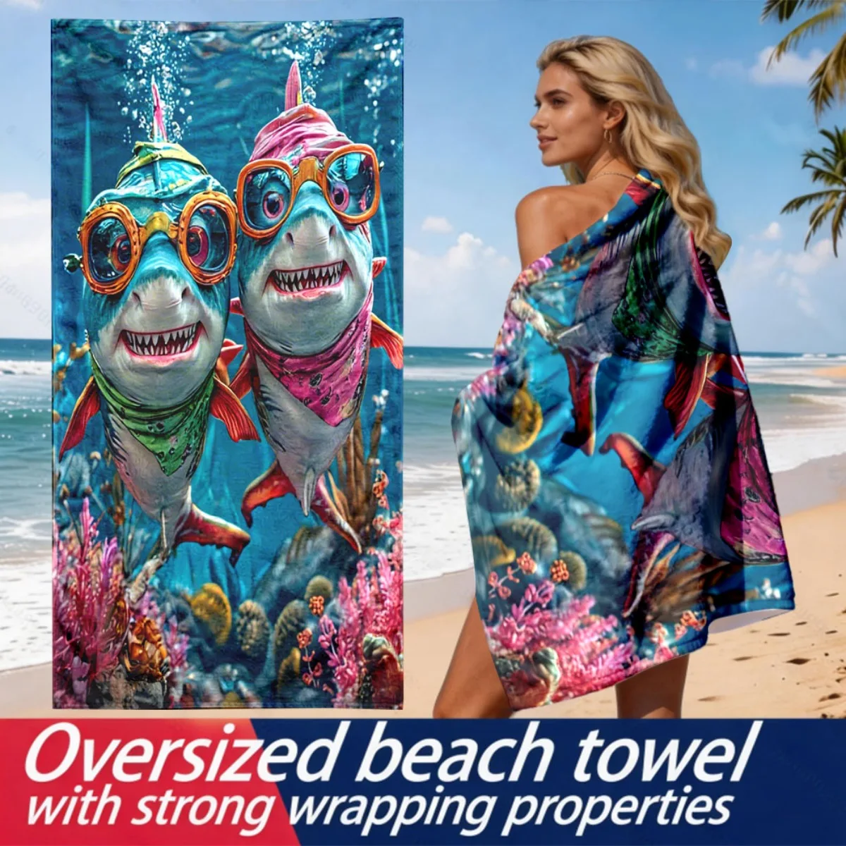 Cartoon funny underwater shark polyester microfiber beach towel is highly absorbent, suitable for swimming and beach outings