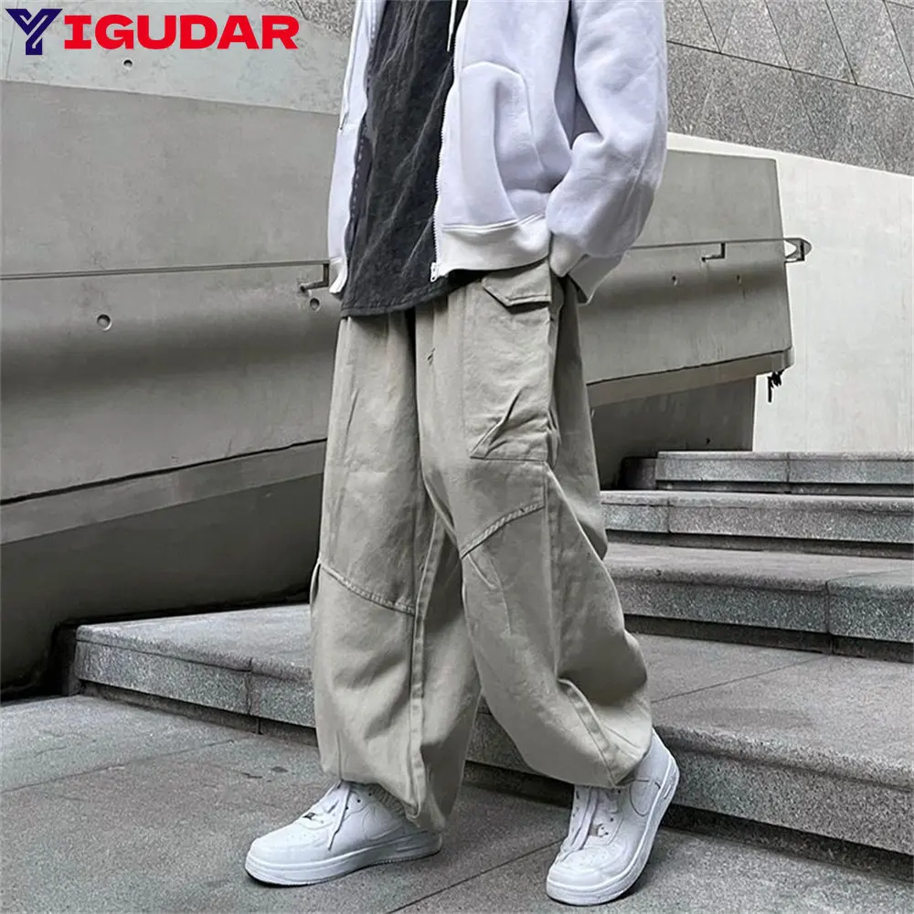 

Wide leg overalls men's and women's Korean version loose trend design sense handsome bunched feet oidschool long pants fugees