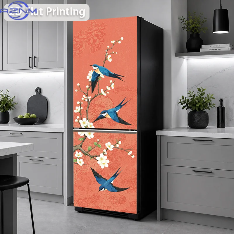 [2D Flat Printing] 1pc Fridge Magnet Sticker 60 X 180 Cm Spring Swallow Perching on Flowers Design, Wall Decoration Wallpaper