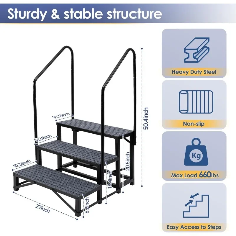 3-Step RV Steps with Dual Handrails – Heavy-Duty RV Stairs for Camper, Hot Tub, Trailer & Porch with Non-Slip Mats