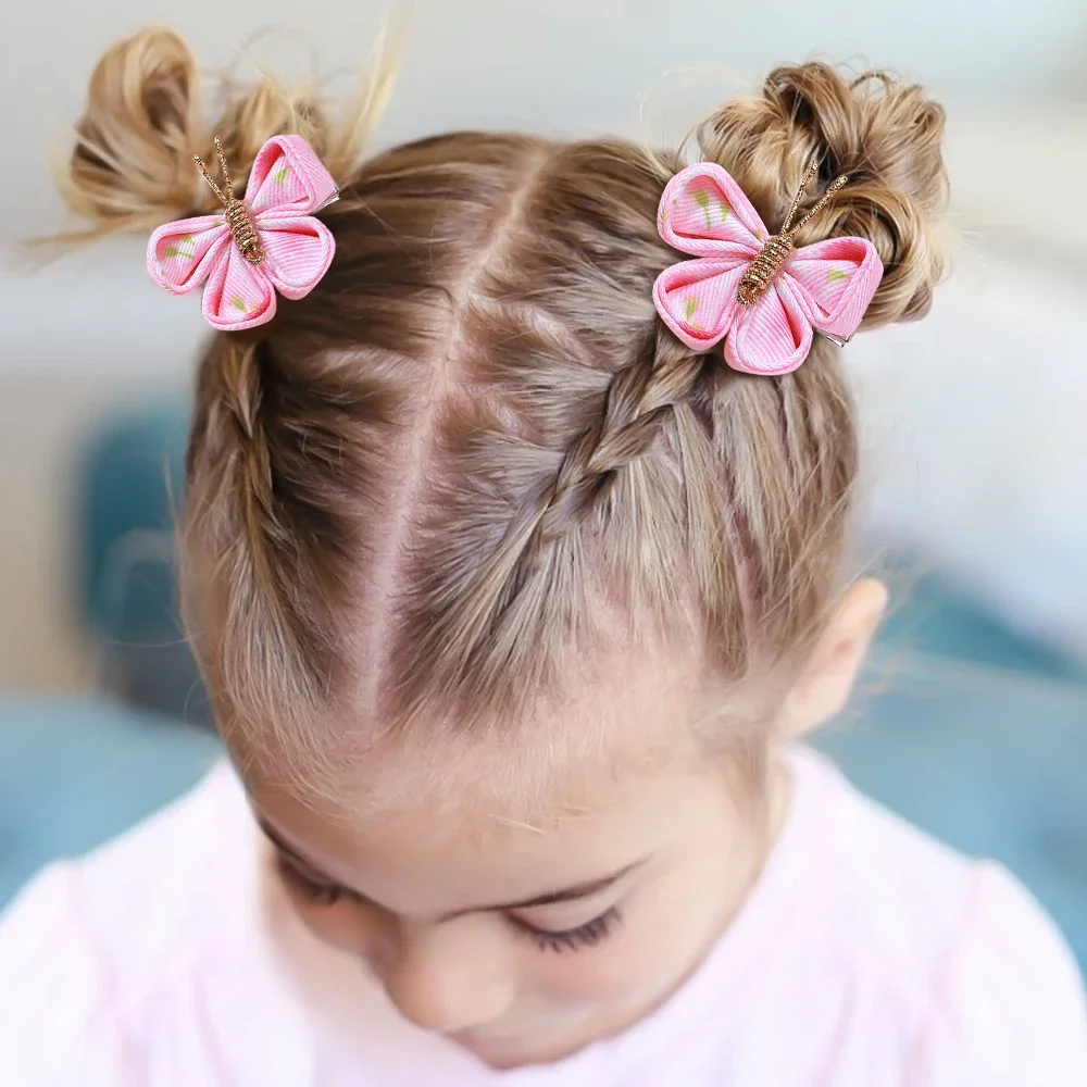 Klip rambut kupu-kupu, aksesori rambut anak perempuan, hiasan kepala kasa emas lucu gradien Flocking 2 buah/set