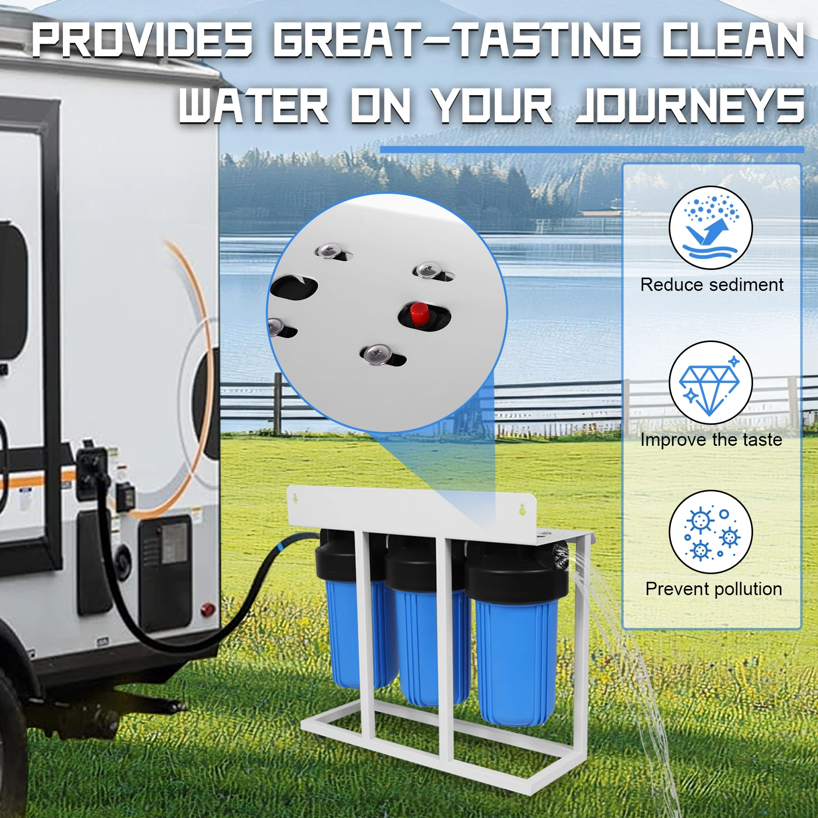 

3-Stage RV Water Filter System W/ 3 Filters Cartridge Whole House Water Filtration System for Travel Trailers Boats