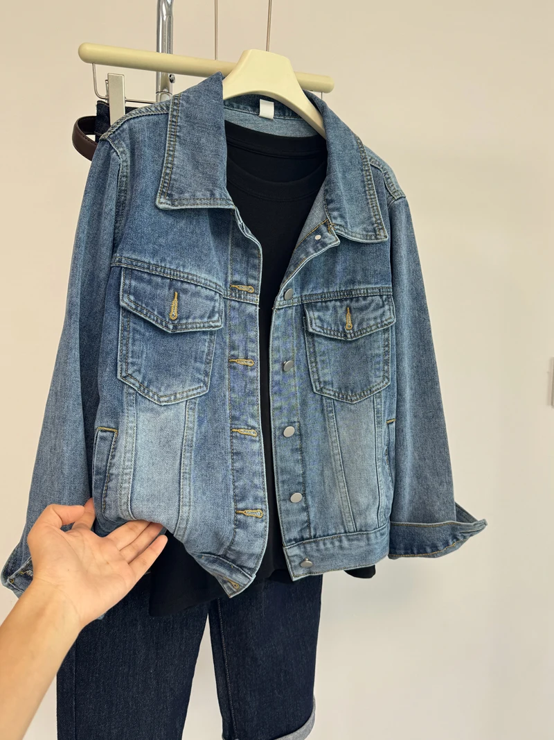 

Джинсовые пальто для женщин, женские весенние пальто, укороченные лоскутные милые молодые минимализм, приталенные куртки с карманами для отпуска, милые куртки