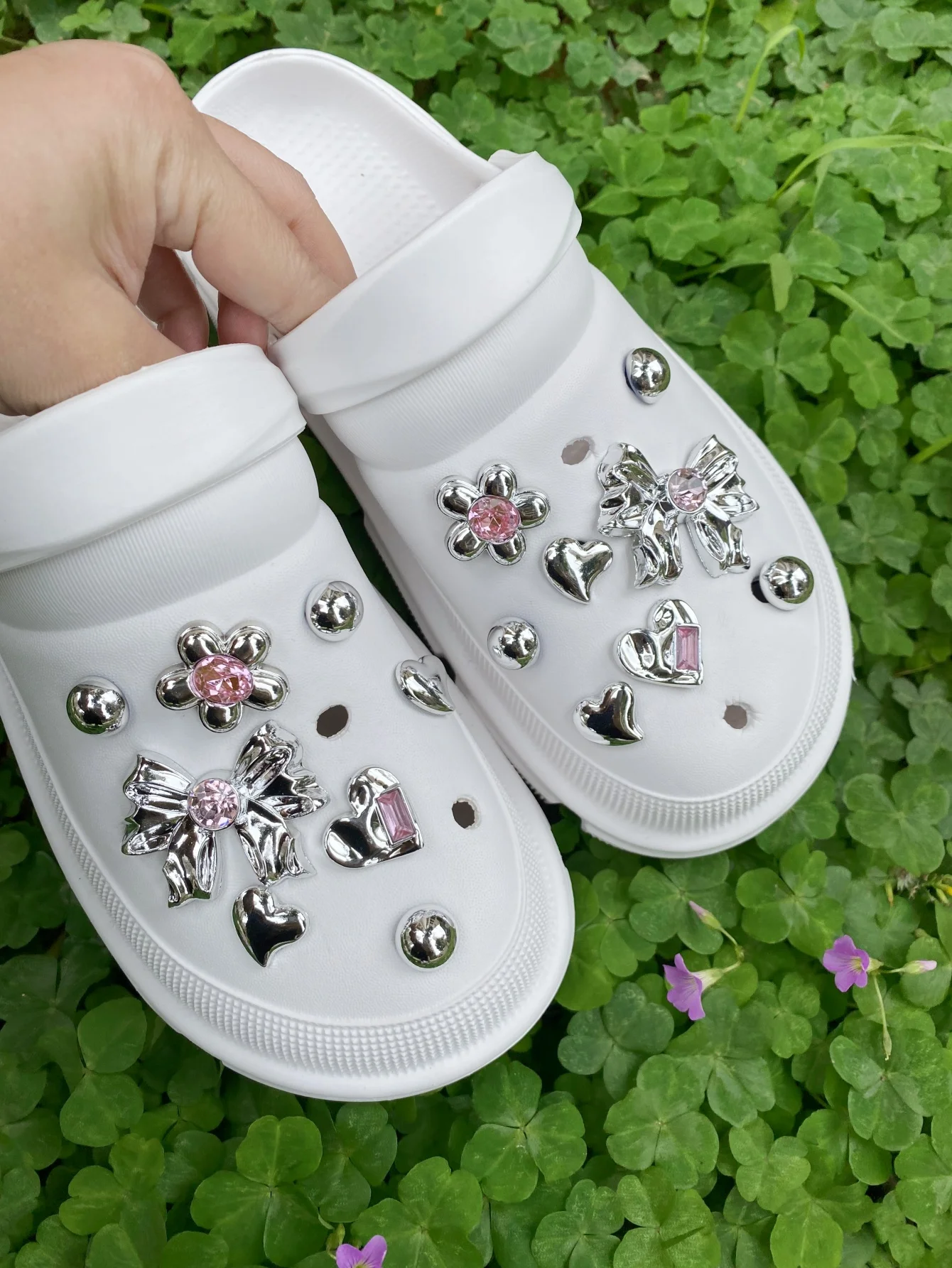 16pcs Shoe Ornaments With Drilled Hole, Pink, Rhinestone, Bowknot, And Floral Diy Detachable Shoe Decoration Buckle For Sandals,