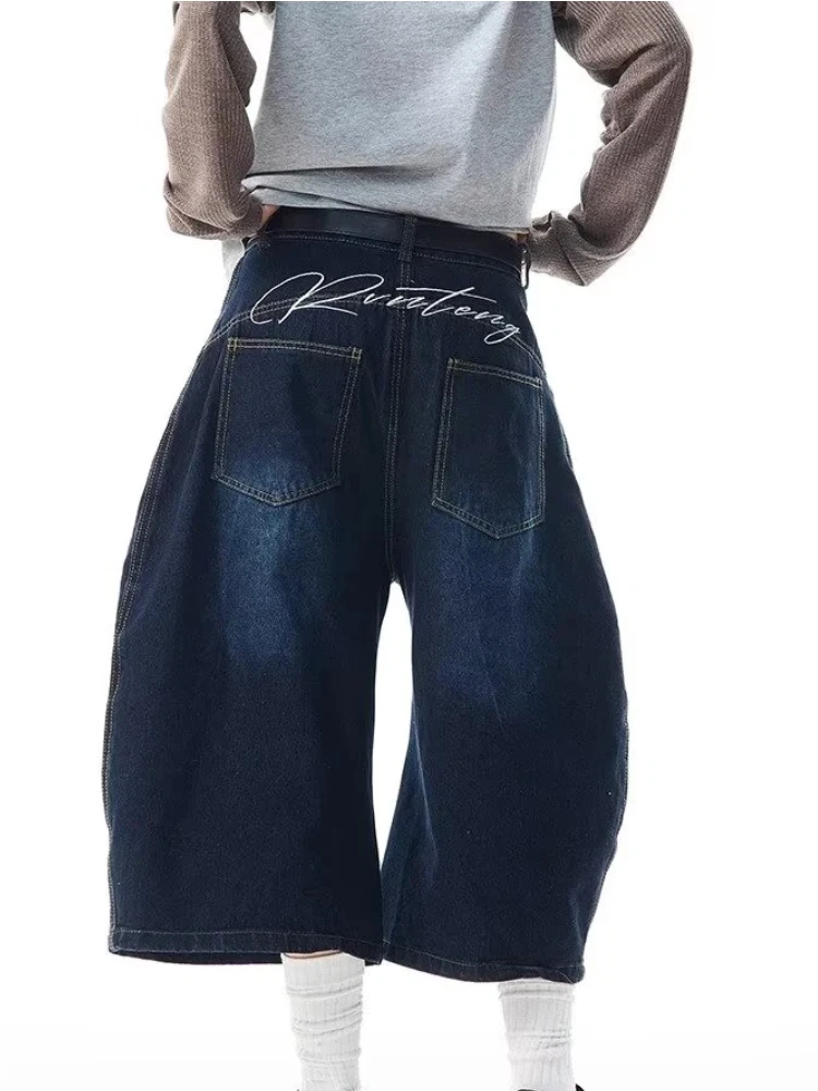 Men's Women's 2026 Summer American Retro Embroidered Curved Denim Shorts Loose Wide Leg Capri Pants Streetwear Jeans - view 3