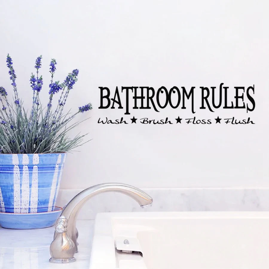 Bathroom Rules Quotes Vinyl Wall Sticker Wash Brush Floss Flush Saying Wall Decals Waterproof Removable Stickers Bathroom Decor