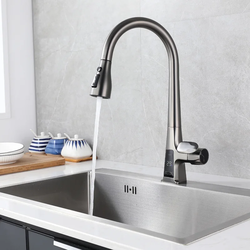 Kitchen pull-out faucet, digital display faucet, hot and cold lifting rotating multifunctional faucet