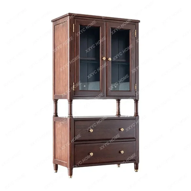QQGlass Light Luxury Dining Side Wine Cabinet Modern American Solid Wood Water-Based Paint White Wax Wood