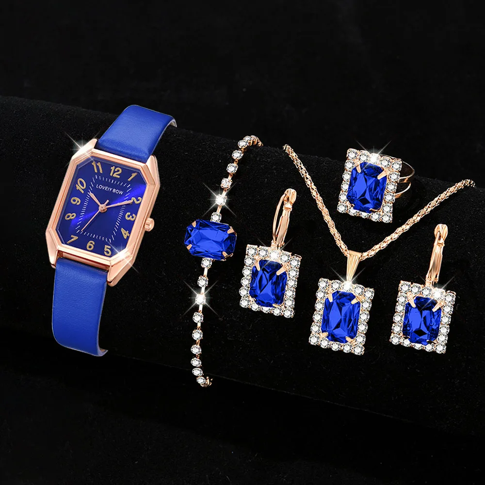 6PCS/Set Blue Women Watch Fashionable Rectangular Dial Quartz Wristwatch PU Leather Strap Watch Square Jewelry Set Gift For Mom