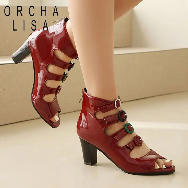 

ORCHA LISA Hot Shiny Women Sandals Peep Toe 7cm Chunky Heels Zipper Belt Buckles Large Size 41 42 43 Sexy Dating Handmade Shoes