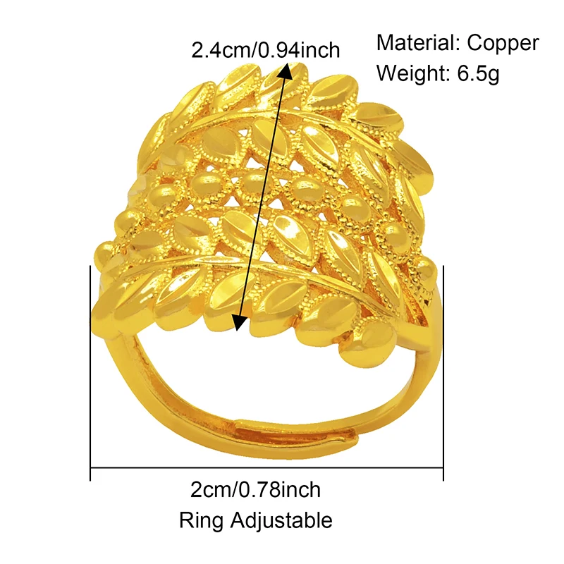 ANIID Ethiopia Dubai Leaf Gold Color Arab Rings Resizable For Women Wedding Jewelry African Party Gift Nigerian Jewellery