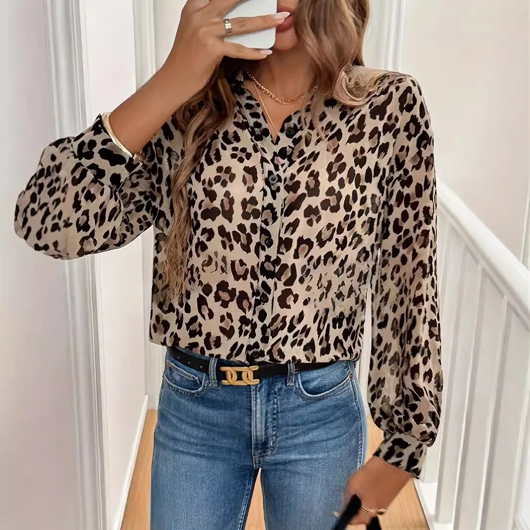 Elegant Leopard Print Long Sleeved Loose Shirt Top Blusa Manga Larga 긴팔블라우스 Chemisier Femmes