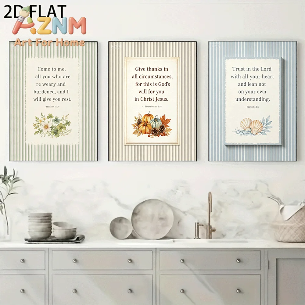 AZNM Frameless Canvas Wall Art, Striped Background Bible Verse Print, Fall Pumpkin Floral Seashell Scripture Art Poster for Farm
