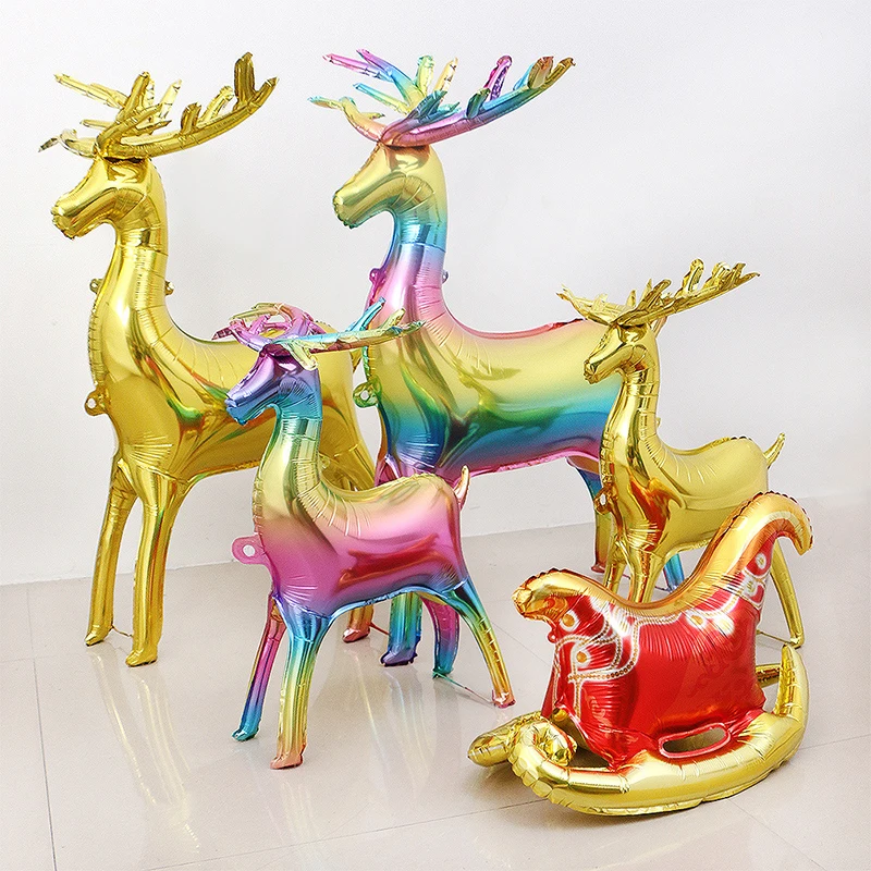 2pcs Elk Foil Balloons Set 4D Christmas Standing Deer Balloon Xmas Rainbow Deer Christmas Balloons Party Decoration Inflatable B