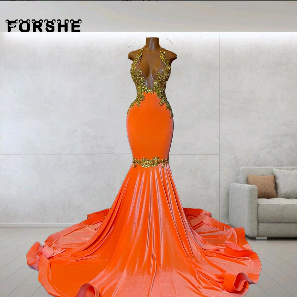 Glitter Orange Velvet Mermaid Prom Dresses Customized Sheer Neck Rhinestone Tassel Evening Dress Graduacion Cocktail Party Gowns