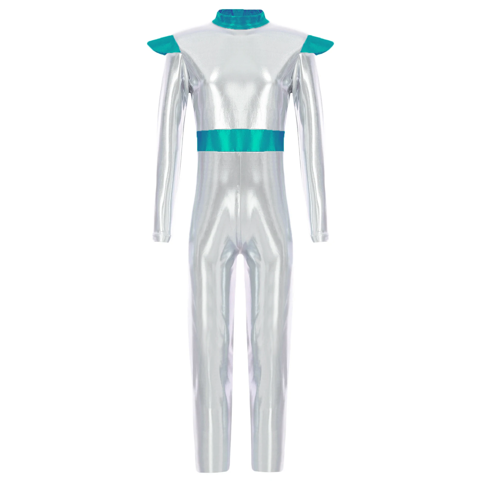 Kids Girls Halloween Alien Robot Cosplay Costume Space Astronaut Themed Fancy Party Dress Up Long Sleeve Shiny Metallic Jumpsuit