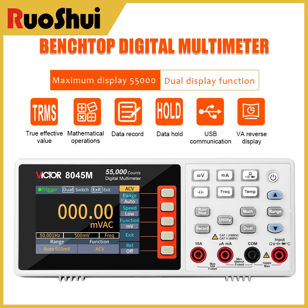 

Victor 8045M Desktop Multimeter True RMS High Accuracy 55000 Counts AC/DC Voltage/Current Tester 3.5-Inch Display USB Interface