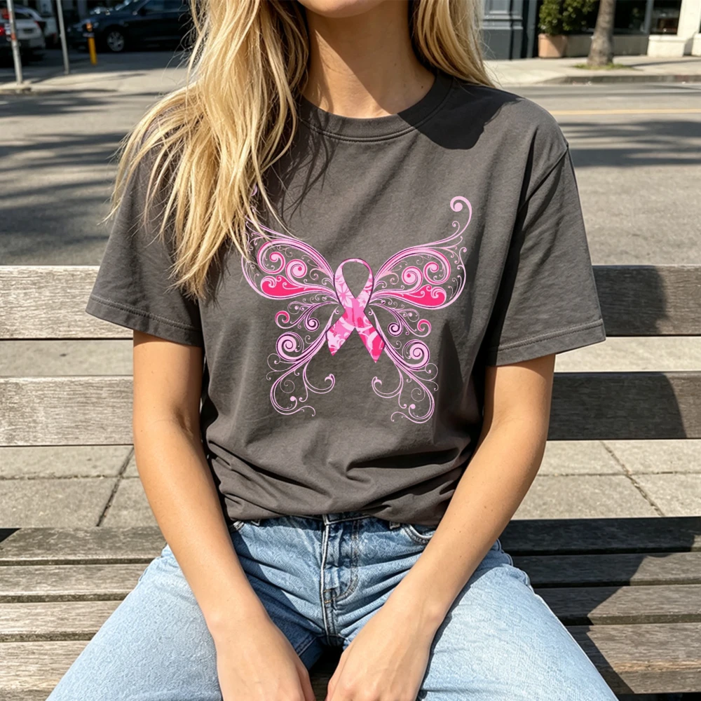 Abstract Butterfly Pink Ribbon Graphic T Shirt Women Breast Cancer Awareness Support Gift Casual Artistic Female Wear