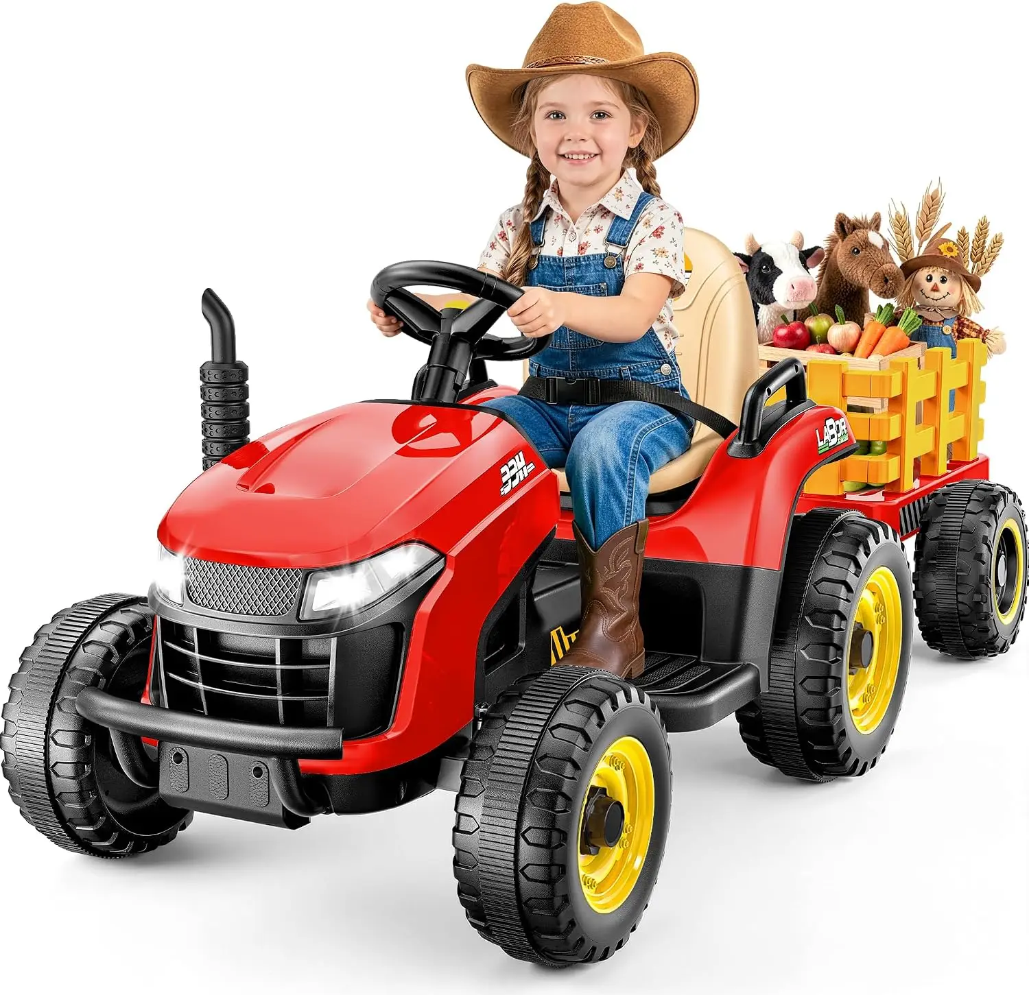 ARBELI 12V 7AH Kids Ride On Tractor w/Trailer & Remote Control, Red | Ride on toys for kids ages 2-5, dual 45w motors, shifter,