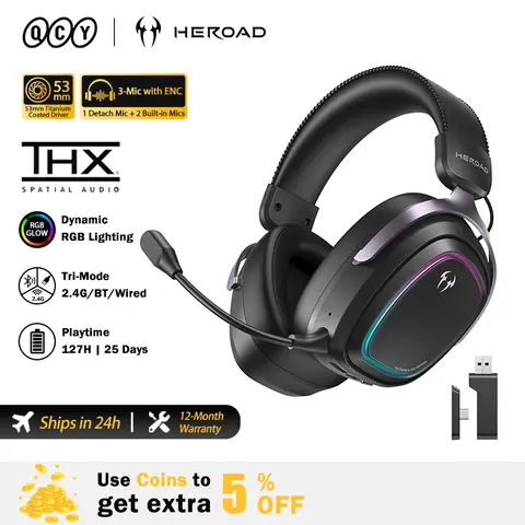 QCY Gaming Headset Heroad GT2 THX Spatial Audio+ 7.1.4 Tri-mode RGB 3-Mic ENC Over Ear Headphone for PC/PS4/PS5 Headset Gamer