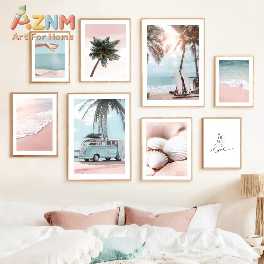 1pc frameless Canvas painting Tropical Pink Beach Shell Palm Tree Sun Posters Prints Canvas Painting Nordic Wall Art Pictures