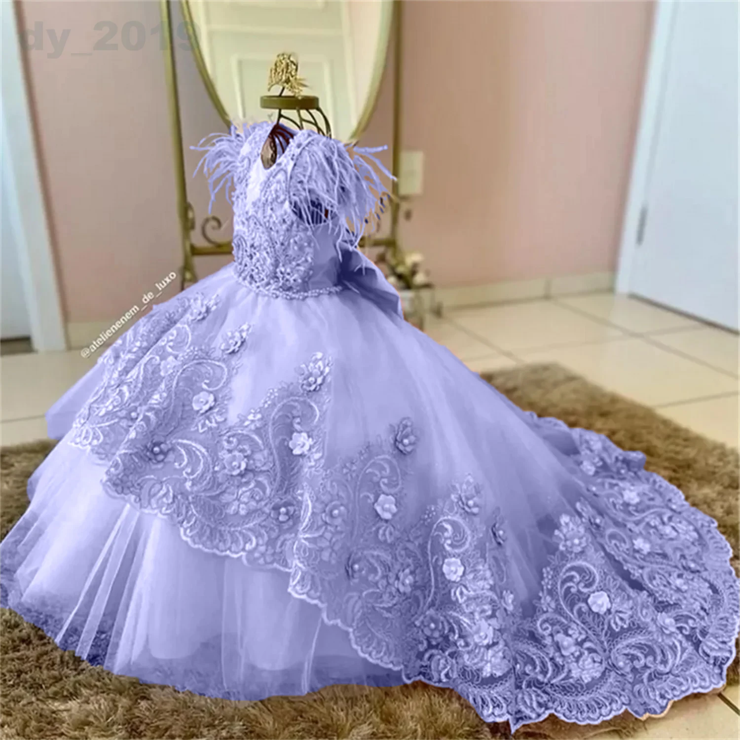 Rosa princesa pena vestidos da menina de flor frisado babados jóia pescoço gilrs pageant vestido crianças pequenas primeira comunhão vestido