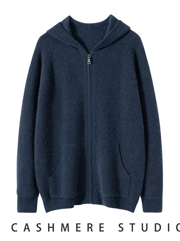 

Men's Autumn Winter Cashmere Sweater Zippers Hooded Cardigan Jacquard Casual Pockets 100% Cashmere Knitwear Raglan Sleeve Tops