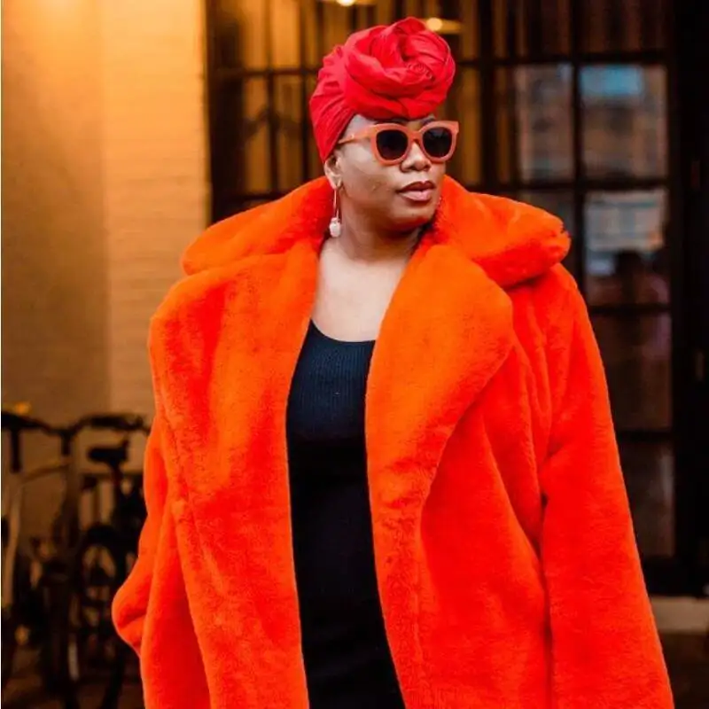 معطف نسائي متوسط الطول من الفرو الصناعي، معطف شتوي من القطيفة بمقاس كبير، سترة منفوشة بطية صدر السترة، ملابس خارجية برتقالية للسيدات، بلوزة غامضة #5