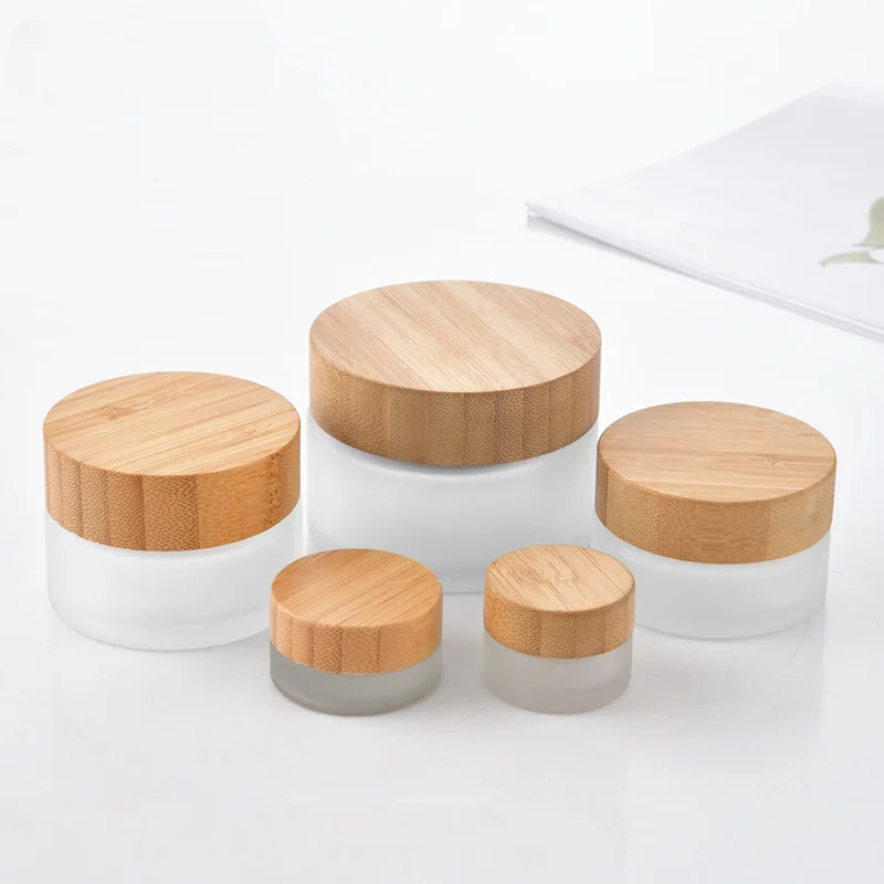 Bamboo Lid Empty Jars Frosted Glass Cream Jar Cosmetic Container 5-100g Glass Bottle Make Up Container Travel Cosmetic Jars