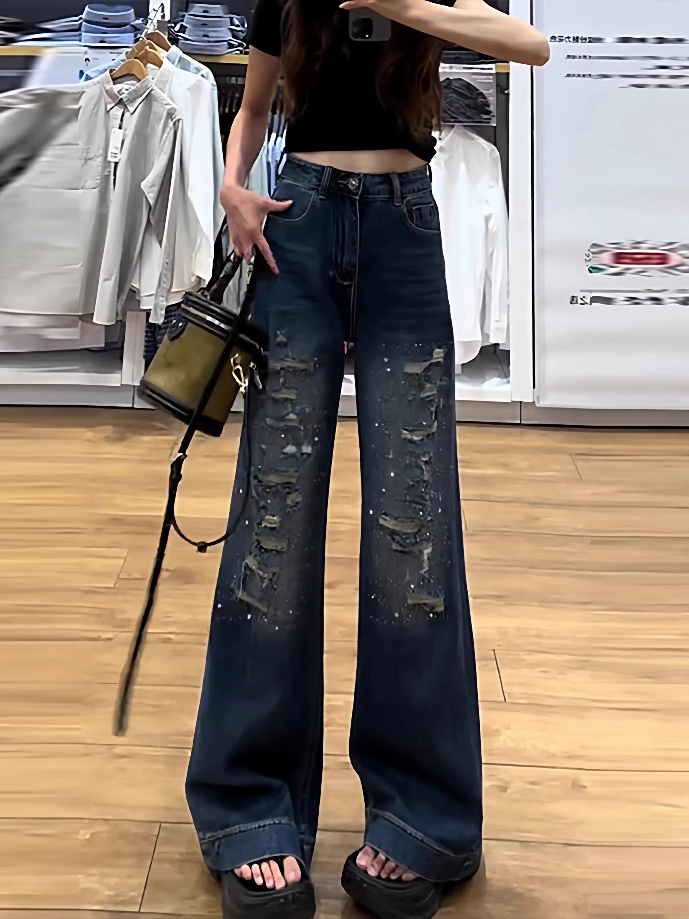 

High Waist Loose Fit Skinny Denim Jeans Women's Summer New Style Heavy Embellished Hole Wide Leg Floor Length Pants