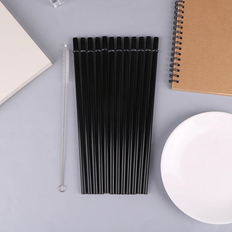 12Pcs 23/27CM Long Hard Plastic Straws With 1 Straw Brush Reusable Black Straws Tumbler Replacement Straws Cup Accessories