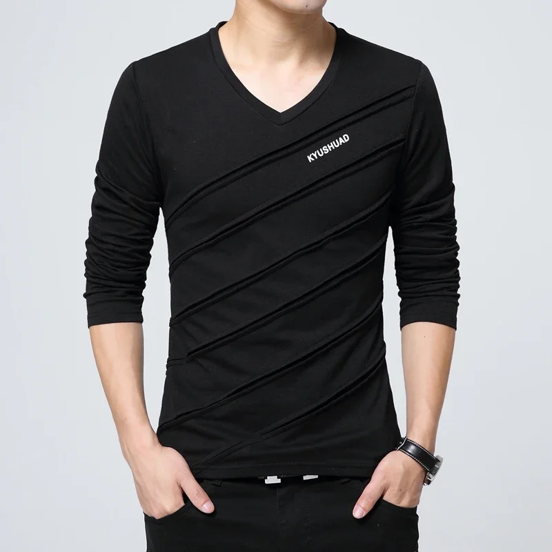 V Neck Slim Fit Male Pullover Designer Tops Casual 90s Vintage Elasticity Men's T-shirts Spring Normal Tee Emo Xxl Sweatshirt - view 5