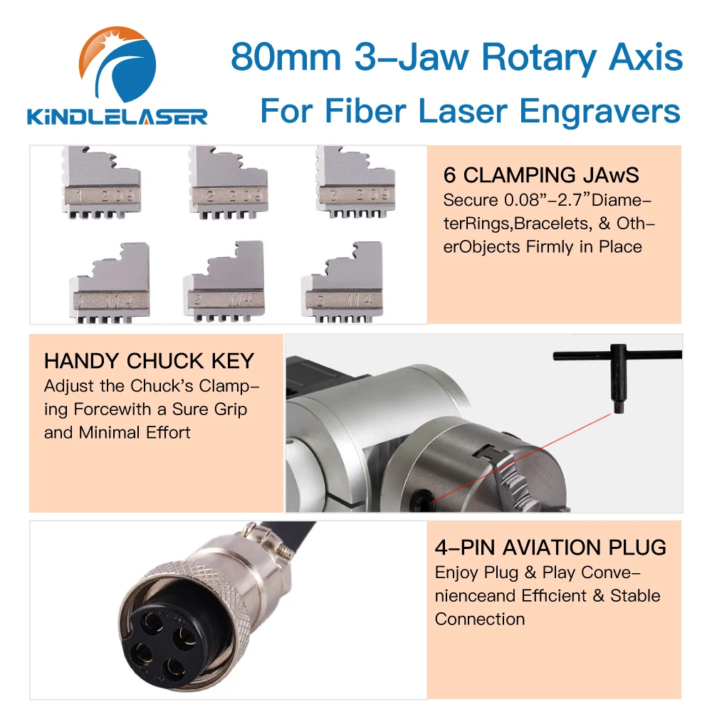 Rotary Axis Attachment for Fiber Laser Engravers 80MM 3 Jaw Rotary Ring,Marking Machine Rotary Tool for 360 Round Metal Etching