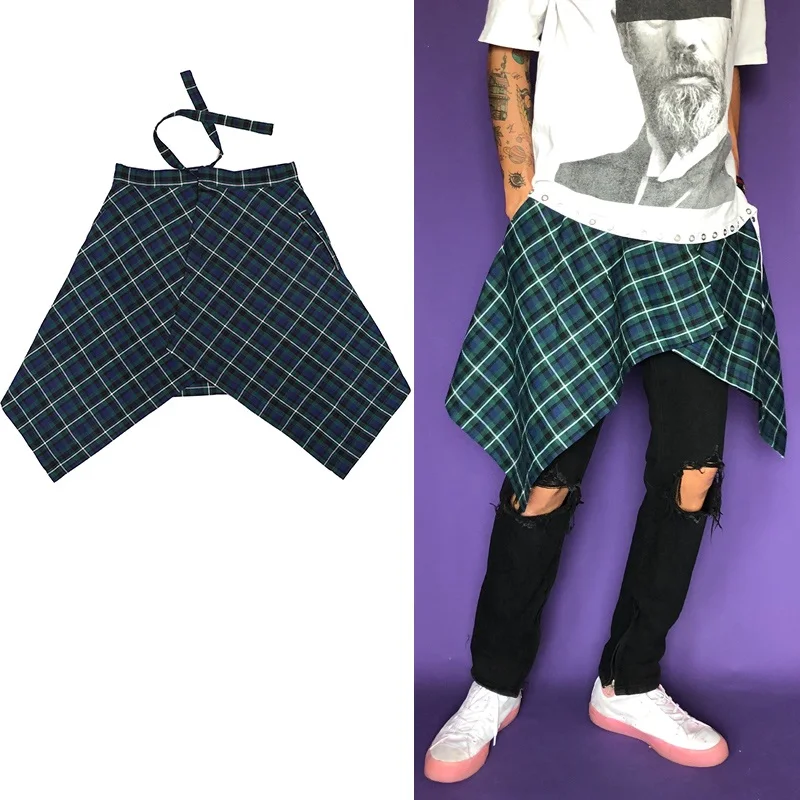 Hip Hop Irregular Men and Women Fake Shirt Hem Spring Autumn Plaid False Shirt Skirt Half-body Female Street Skirts Womens Saia