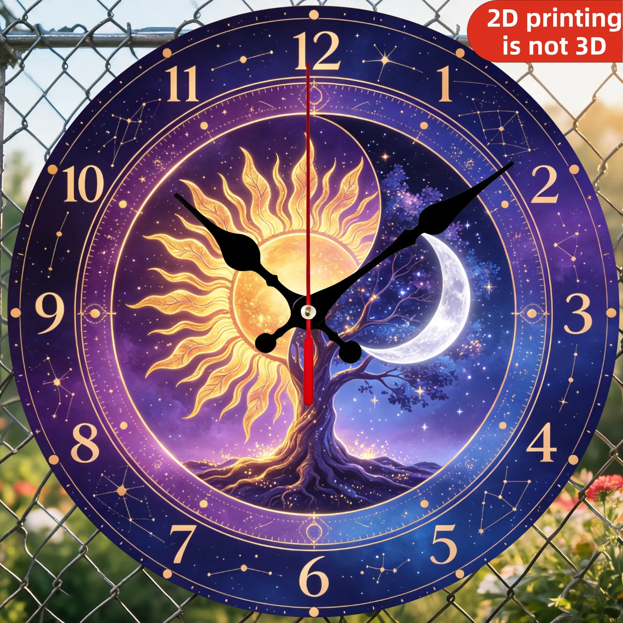 Sun and Moon  Wooden Wall Clock, 10/12 Inch Round Wood Clock, Silent Non Ticking Quartz Movement, Celestial Constellation Printed Home Decor