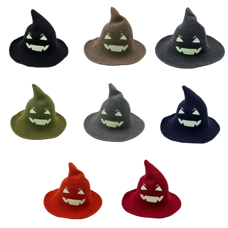 Glowing Face Witch Hat with Pointed Design, Wide Brims and Soft Polyester, Cosplay Headwear for Halloween Costume Styling,