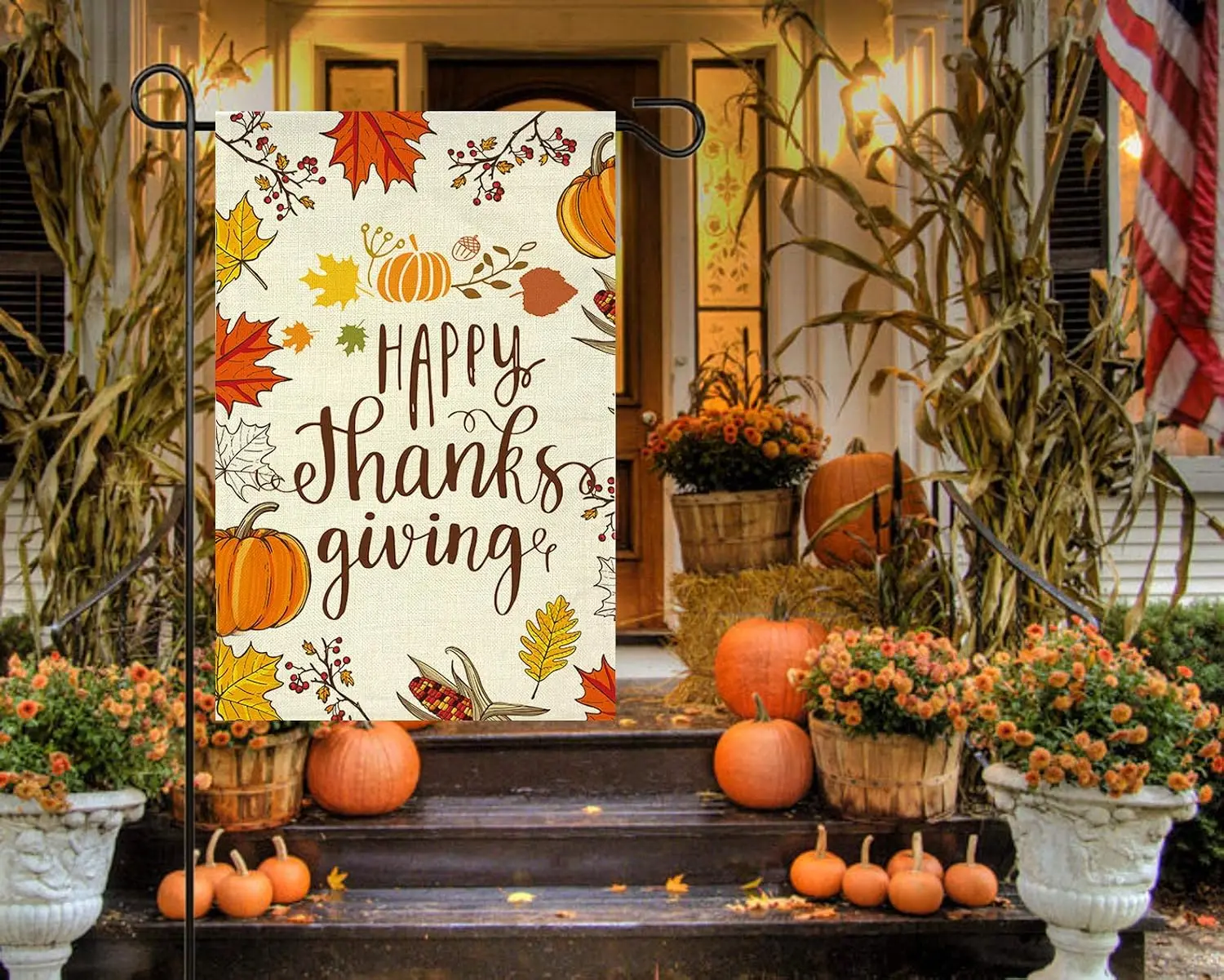 GOAUS Happy Thanksgiving Garden Flag,Fall Maple Leaf Leaves Pumpkin Farm Harvest,Double Sided Burlap Decorative House Flags  uui