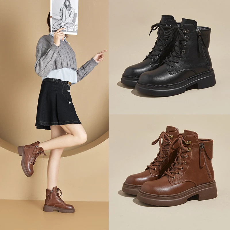 Damen Retro Freizeit-Lederstiefel 2026 Neu mit Schnürung und Reißverschluss hinten, klobige Sohle in Schwarz und Braun für Herbst und Winter