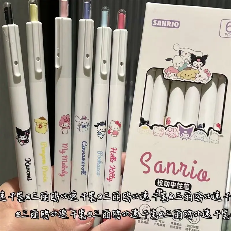 

6Pcs Sanrio Kawaii Hello Kitty Cinnamoroll Anime Press Neutral Pen Cute Cartoon Kuromi Exam Smooth Black Pencil Gifts for Kids