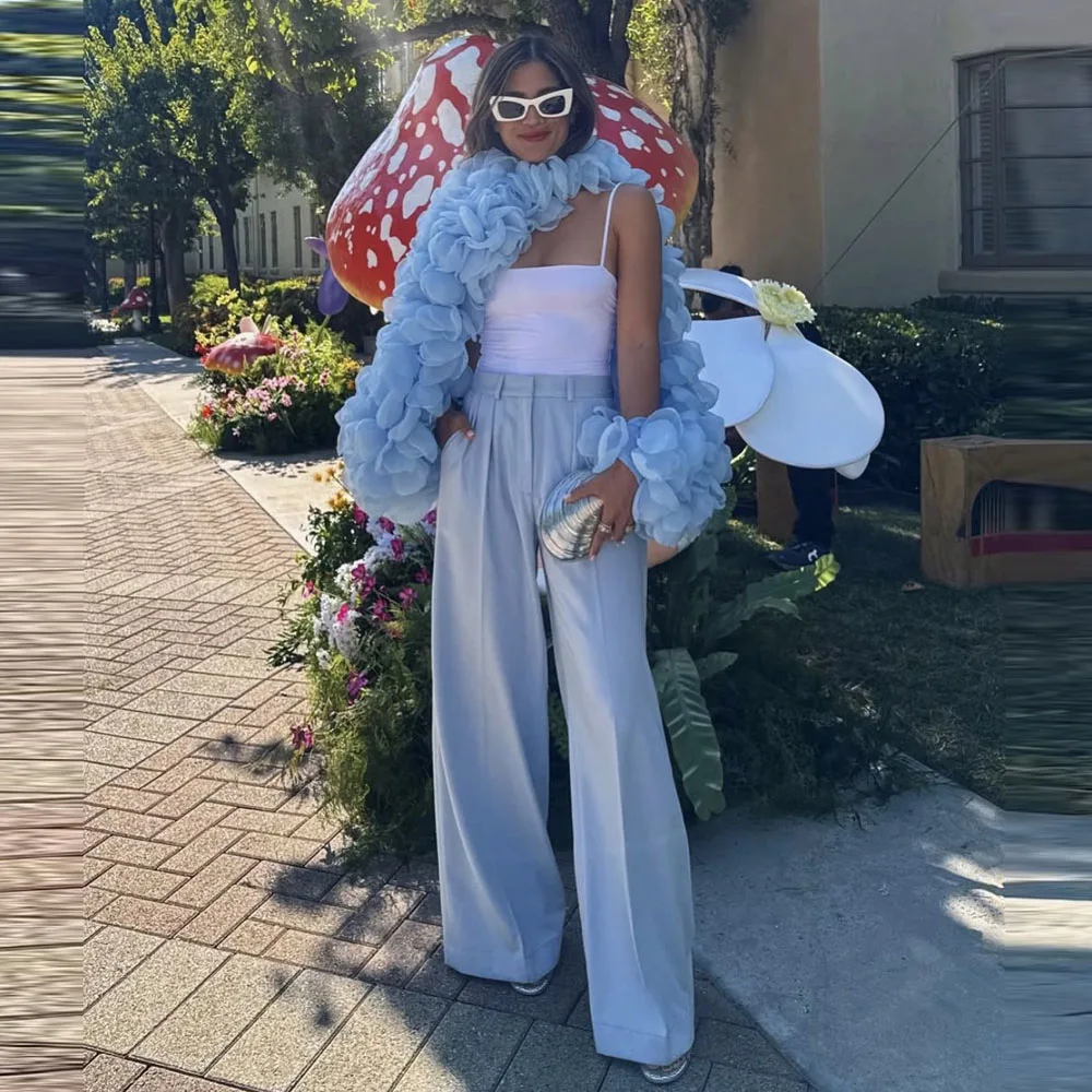

Cute Sky Blue Floral Jacket Women Handmade Birthday Tops Female Jacket Wedding Bridal Coat Outfit Jacket To Match Summer Wear