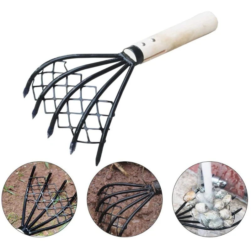 Klaue Rake mit Mesh Net 15 Zoll Hand Rake 5-Tine Stahl Clamming Krallen Lange Leichte Behandelt Shell Clam bagger