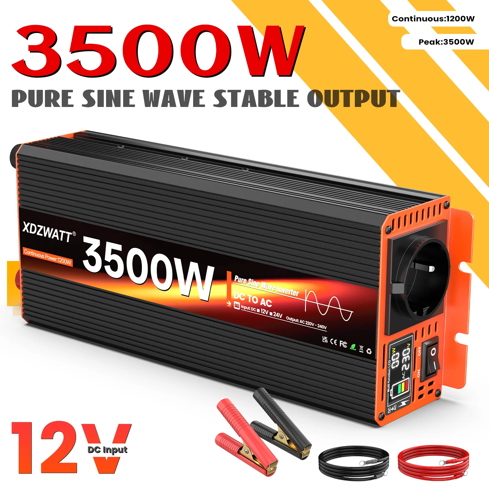3500W Peak Power Pure Sine Wave Inverter DC 12V to AC 220V 230V EU Socket For RV Travel Household Appliances LCD Display Protect