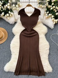 Foamlina Summer Women's Dress Solid Color Sexy V Neck Cap Sleeve Slim Elastic A Line Knitting Long Dress Elegant Party Vestidos