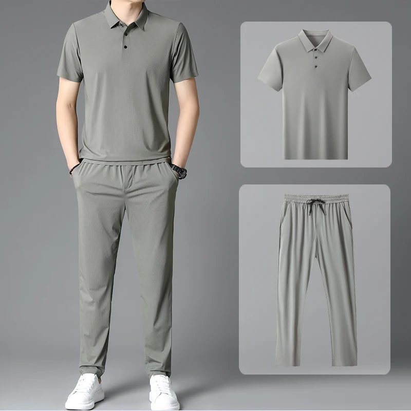 

Summer Fashionable Trendy Men's Ice Silk 2-Piece Set Casual Sports Suit Turn Down Collar White Short Sleeve Polo Shirt